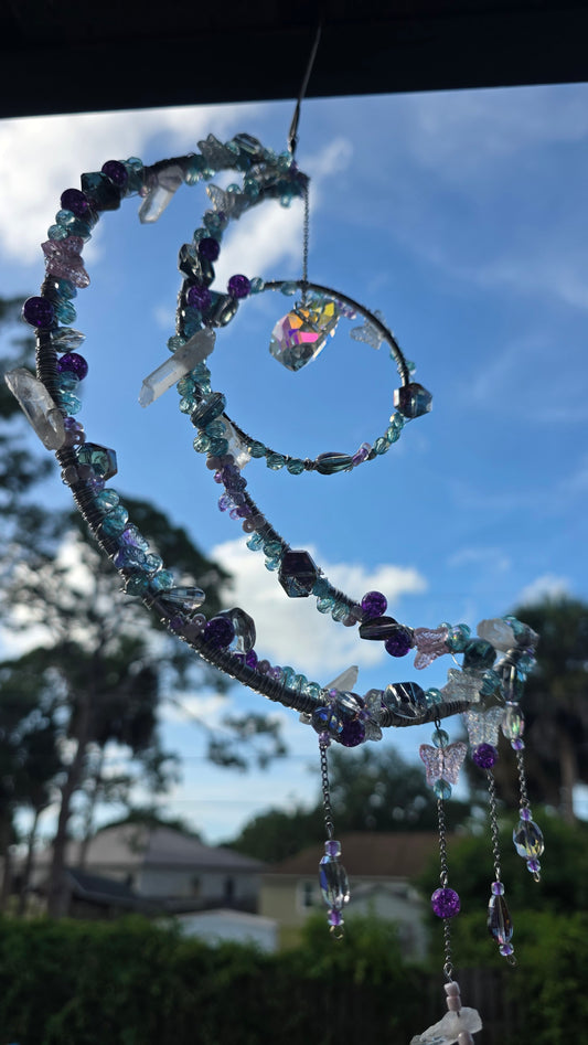 Crystal Moon Spiral Suncatcher with Butterfly Charms